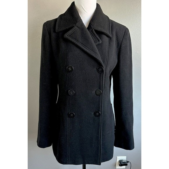 Calvin Klein Womens Sz 2 Black Double Breasted Wool Blend Peacoat Lined Jacket - Picture 1 of 8